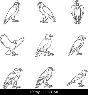 Set di icone artistiche Birds of Prey Line, Eagle, Falcon, Hawk e Vulture Outline Vector Illustrations Illustrazione Vettoriale