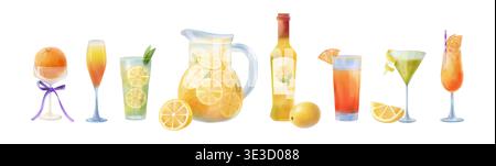 Cocktail acquerelli. Occhiali Martini. Festa di compleanno estiva. Bevanda rinfrescante con limone. Bottiglia di champagne. Bicchieri alcolici. Caraffa di limonata. Fetta di agrumi e ghiaccio. Bar sulla spiaggia. Set di bevande vettoriali Illustrazione Vettoriale
