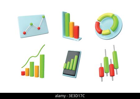 Icone infografiche 3D. Grafico degli acquisti. Grafico del marketing finanziario o dell'investimento di successo. Infografica sulla strategia aziendale. Dati statistici istogramma. Schema informativo. Set di icone di rendering analitico vettoriale Illustrazione Vettoriale
