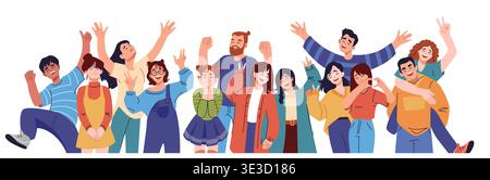 Gruppo di persone. Team, amici o comunità di lavoro di squadra felici e diversificati. Il lavoro di squadra del personale è diverso, la folla umana. Uomini e donne gioiosi. Personaggi felici. Illustrazione isolata verticale a cartoni animati vettoriali in stile piatto Illustrazione Vettoriale