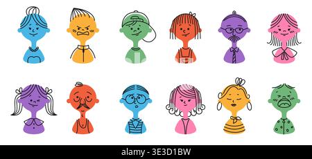 Facce sorridenti impostate. Avatar di persone semplici per profili di social media, emoji divertenti di profili o emoticon geometrico eterogeneo. Adesivo colorato Happy Head. Disegno di Doodle. Icone isolate in stile cartoni animati vettoriali Illustrazione Vettoriale