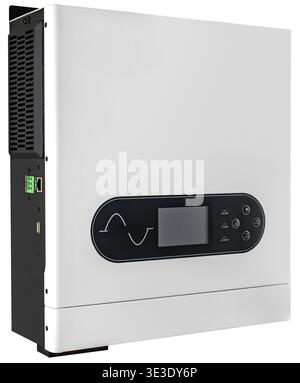 Inverter affidabile per un sistema di alimentazione di backup domestico, su sfondo bianco con bordo. Foto Stock
