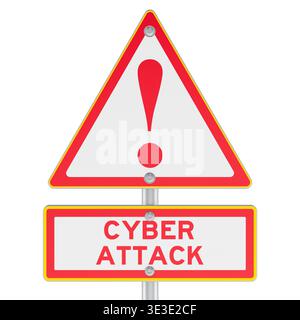 Segnale stradale di avvertimento cyber-attacco con punto esclamativo. Rendering 3D isolato su sfondo bianco Foto Stock