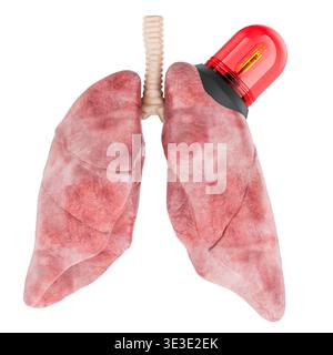 Polmoni umani con il faro di emergenza rosso, concetto di emergenza respiratoria, avvertimento di malattia polmonare. rendering 3d isolato su sfondo bianco Foto Stock