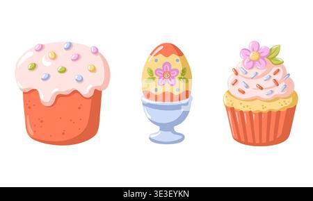 Dolci pasquali con torta, cupcake e uovo decorato. Illustrazione vettoriale cartoni animati su sfondo bianco Illustrazione Vettoriale