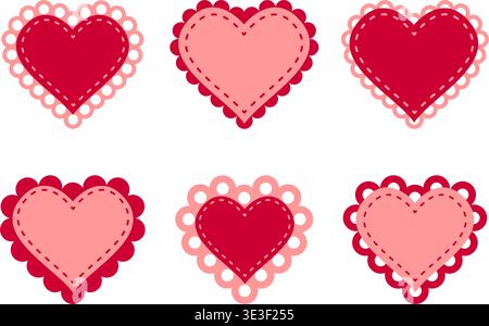 Set di carta o tessuto a forma di cuore rosso e rosa con bordi aggraffati. Modelli di romantiche cartoline di San Valentino o patch con volant, bordi cuciti e stampa Vichy. Illustrazione piatta vettoriale. Illustrazione Vettoriale