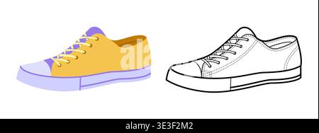 Sneakers basse in tela, set di scarpe Flat Plus. Iconica silhouette sneaker per progetti lifestyle da uomo donna unisex. Illustrazione tecnica di moda, mockup CAD, stile elegante isolato da vettori misti. Illustrazione Vettoriale