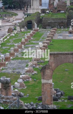 Rovine del foro Romano, via dei fori Imperiali. Sito archeologico dell'antica Roma con fondamenta in mattoni, erba verde e struttura lontana. Foto Stock