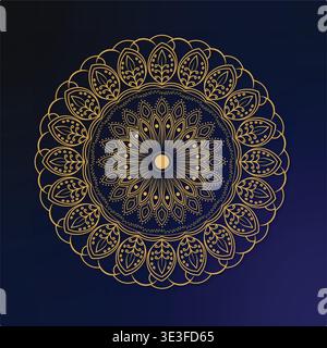 Elegante mandala dorato su sfondo blu scuro, intricato motivo ornamentale circolare ispirato all'arte indiana e buddista, a simboleggiare l'equilibrio dell'armonia Illustrazione Vettoriale