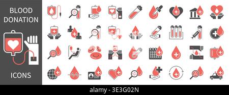 Set di icone a linea continua o glifo per donazione di sangue. Carità, trasfusione, test di laboratorio e simboli vettoriali sanitari medici. Illustrazione Vettoriale