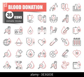 Set di icone delle linee sottili colorate per la donazione di sangue. Simboli vettoriali lineari di beneficenza, trasfusione, test di laboratorio e assistenza sanitaria medica. Illustrazione Vettoriale