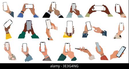 Set di mani femminili e maschili che tengono i telefoni cellulari Illustrazione Vettoriale