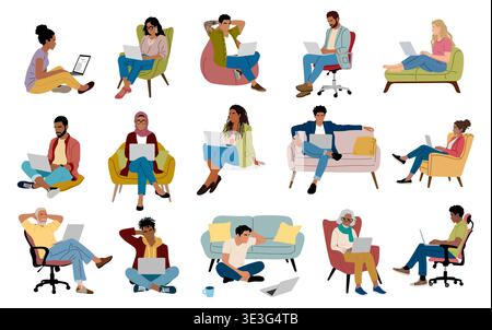 Set di uomini e donne occasionali che lavorano su notebook Illustrazione Vettoriale