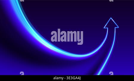 Linee luminose al neon che combinano la freccia verso l'alto. Simbolo di crescita, sinergia, successo. Tecnologia futuristica su sfondo scuro. Illustrazione Vettoriale