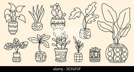 Pianta da interni in set di pentole, stile boodle sketch. Vari fiori e piante d'appartamento in vasi d'argilla, illustrazioni tratteggiate a mano in nero. Elementi per l'arredamento della casa Illustrazione Vettoriale