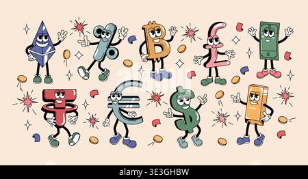 Personaggio cartoni animati retro Groovy y2k Money. Set di adesivi di banconote in dollari, euro, sterlina, ethereum, laccio, simbolo percentuale. Segni monetari con faccia funky. Alfabetizzazione finanziaria, investimenti aziendali Illustrazione Vettoriale