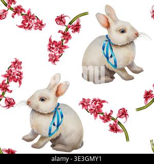 Motivo ad acquerello senza cuciture con coniglietto pasquale con nastro blu e fiori primaverili. Illustrazione per decorazioni pasquali, tessuti, carta da imballaggio, stazione Foto Stock