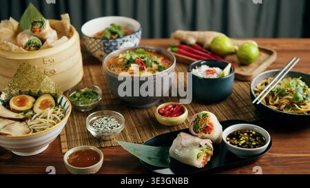 Tradizionale festa asiatica con involtini primavera di ramen e una varietà di ciotole Foto Stock