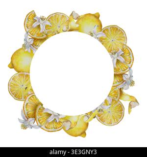 Corona di acquerelli con limoni, fette di agrumi, scorza e fiori. Illustrazione botanica per il confezionamento di alimenti, l'etichetta delle bevande, la marca della limonata, il menu desiderato Foto Stock