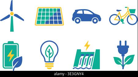 Icone della tecnologia pulita a energia rinnovabile con turbina eolica pannello solare batteria per auto elettriche batteria per biciclette fulmini diga idroelettrica foglia della spina elettrica Illustrazione Vettoriale