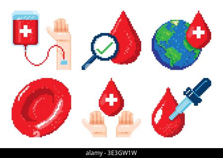 Set di icone di pixel art per donazioni di sangue, tra cui sacche di sangue, mani, globo terrestre, globuli rossi e lente di ingrandimento per lo screening sanitario e il cha globale Illustrazione Vettoriale