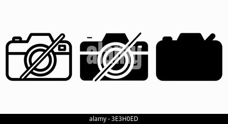 Un set di tre icone della fotocamera in bianco e nero che rappresentano le restrizioni fotografiche e le attrezzature Vector Illustrazione Vettoriale