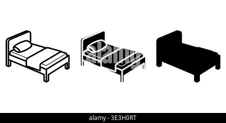 Tre varianti di icone isometriche del letto visualizzate in stile vettoriale, con contorno, semi-pieno e nero pieno Illustrazione Vettoriale