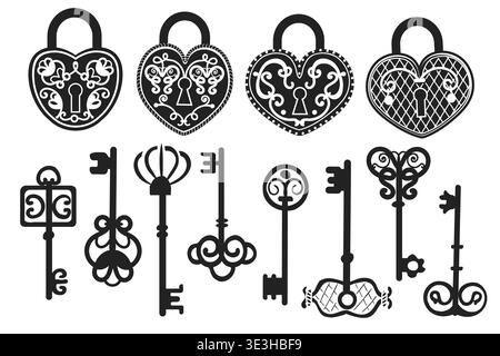 Icone dei tasti vintage neri. Sagome stilizzate, serrature antiche, elementi decorativi, varie forme, scelte di lucchetti ornati, romantico simbolo d'amore per la sicurezza Illustrazione Vettoriale