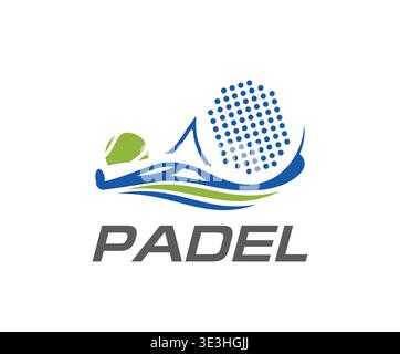 Icona del club sportivo di tennis Padel con racchetta e palla Illustrazione Vettoriale
