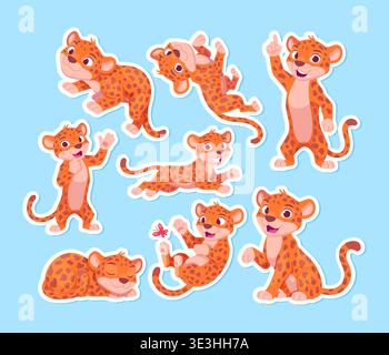 Leopardo. simpatica pantera dei cartoni animati o mascotte jaguar in etichette adesive per i progetti di design Illustrazione Vettoriale