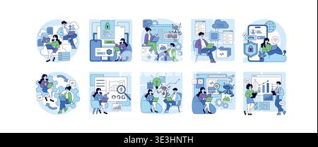 Illustrazione vettoriale che mostra un team che collabora a progetti digitali. Include concetti di codifica, sicurezza, analisi e intelligenza artificiale con persone impegnate nel lavoro con notebook e nello scambio di idee. Illustrazione Vettoriale