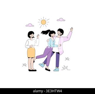 Illustrazione vettoriale di amici che abbracciano e sventolano sotto un sole luminoso. Scena allegra con persone sorridenti che esprimono felicità ed eccitazione in un design semplice e colorato. Illustrazione Vettoriale