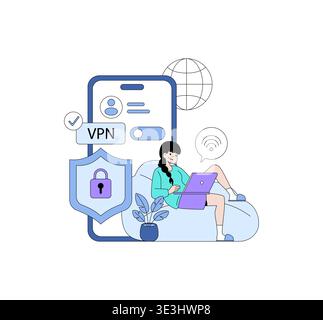 Immagine vettoriale di una donna che utilizza un laptop con simboli VPN. È seduta comodamente e mostra una navigazione sicura su Internet. Sono inclusi elementi come smartphone, globo e icone di sicurezza. Illustrazione Vettoriale
