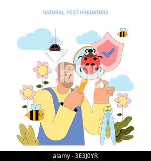 Illustrazione vettoriale che raffigura una persona che esamina una coccinella attraverso una lente d'ingrandimento accanto a api, ragno e fiori. La scena mette in evidenza i metodi naturali di controllo dei parassiti in un giardino colorato. Illustrazione Vettoriale