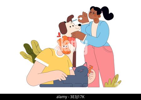 Illustrazione vettoriale di due persone che interagiscono gioiosamente con un cane felice e un gatto di contenuti. L'immagine cattura una scena giocosa con gli animali domestici, evidenziando la connessione umana e animale. Illustrazione Vettoriale