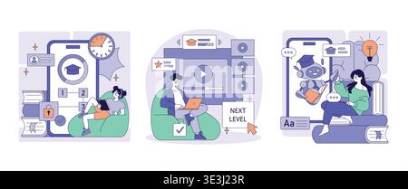 Illustrazione vettoriale che raffigura gli studenti che interagiscono con piattaforme di apprendimento online, corsi digitali e tutor ai. Gli studenti interagiscono con la tecnologia per migliorare la loro esperienza educativa. Illustrazione Vettoriale