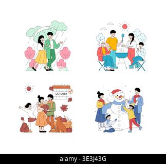 Illustrazione che raffigura le attività della famiglia nelle diverse stagioni. Comprende passeggiate sotto la pioggia, barbecue, divertimento autunnale e costruzione di un pupazzo di neve. Momenti di gioia in famiglia e divertimento stagionale. Illustrazione Vettoriale