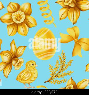 Acquerello luminoso motivo senza cuciture con narcisi gialli, pulcino carino, mimosa e uovo di Pasqua a righe. Lo sfondo delle feste primaverili per un pacchetto vacanze Foto Stock