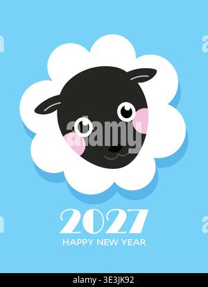 L'anno della carta asiatica della testa di pecora. Carta minimalista per il capodanno cinese 2027, carino cartoni animati zodiaco pecora o montone. Illustrazione Vettoriale