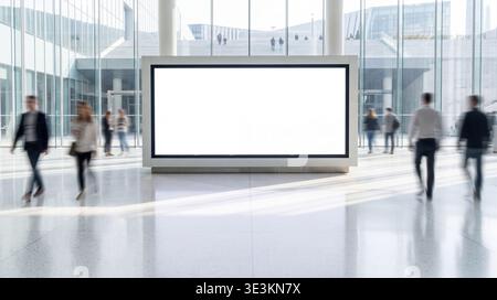 Mockup di un grande cartellone orizzontale vuoto in un moderno edificio aziendale con persone sfocate. Foto Stock