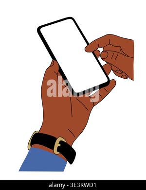 Mani con pelle marrone che reggono uno smartphone nero Illustrazione Vettoriale