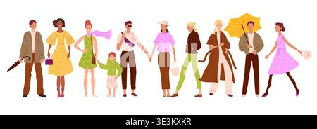 Gruppo di persone che camminano per strada. Clima primaverile. Uomini e donne in abiti casual diversi. Illustrazione vettoriale sulla moda cittadina. Illustrazione Vettoriale