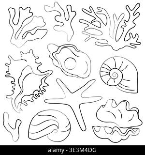 Tesori marini disegnati a mano, conchiglie, coralli, stelle marine e ostriche di perle, illustrazioni grafiche del mondo sottomarino per l'arredamento di matrimoni Illustrazione Vettoriale