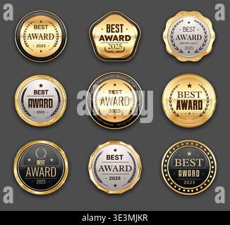 Sigilli, badge ed etichette Golden Best Award, medaglia di lusso e marchi con corone e nastri vettoriali di alloro. Stemmi in metallo dorato, argento e nero di BEST Award e certificato di garanzia di qualità premium Illustrazione Vettoriale
