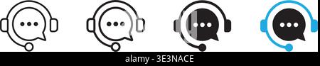 Set di icone delle cuffie per l'assistenza clienti con bolla di chat, comunicazione del servizio online, assistenza help desk, simbolo del call center, concetto di supporto tecnico Illustrazione Vettoriale