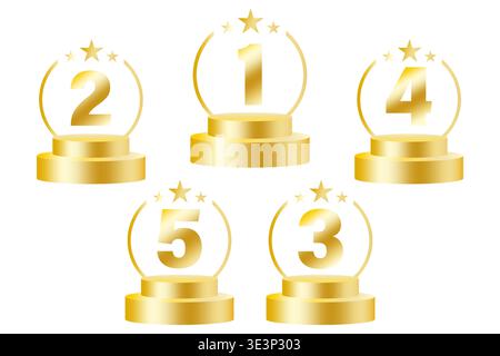 Set di premi. Medaglie d'oro Vector. Raccolta di podi numerati. Illustrazione dei premi del vincitore. Solo vettore manuale. Nessuna traccia automatica utilizzata. Illustrazione Vettoriale