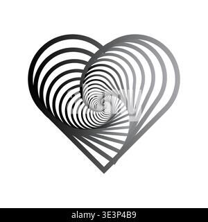 Grey Heart Vector. Dettagli forma spirale. Disegno a turbolenza monocromatico. Simbolo del concetto d'amore. Solo vettore manuale. Nessuna traccia automatica utilizzata. Illustrazione Vettoriale
