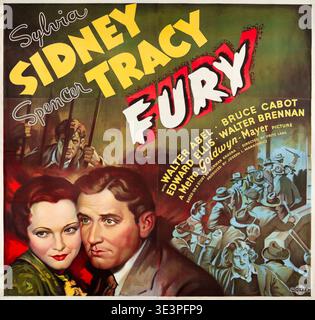 Questo poster cinematografico americano d'epoca del 1936 promuove il film "Fury", con Sylvia Sidney e Spencer Tracy. L'illustrazione drammatica cattura gli intensi temi del film, con gli attori principali in primo piano accanto a scene che raffigurano la violenza della folla e un uomo dietro le sbarre. Foto Stock