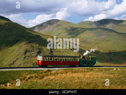 Snowdon Mountain Railway, Snowdon, Llanberis, da poco sotto la stazione intermedia. Sull'altro lato della valle si trovano i fianchi settentrionali di Moel Cynghorion Foto Stock