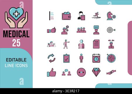 Raccolta di icone di linea medica modificabili per vari usi relativi alla salute Illustrazione Vettoriale